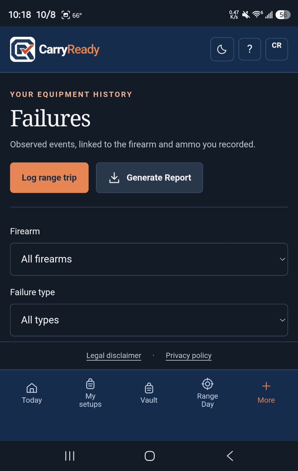 Failures screen with firearm and failure-type filters and a report export control.