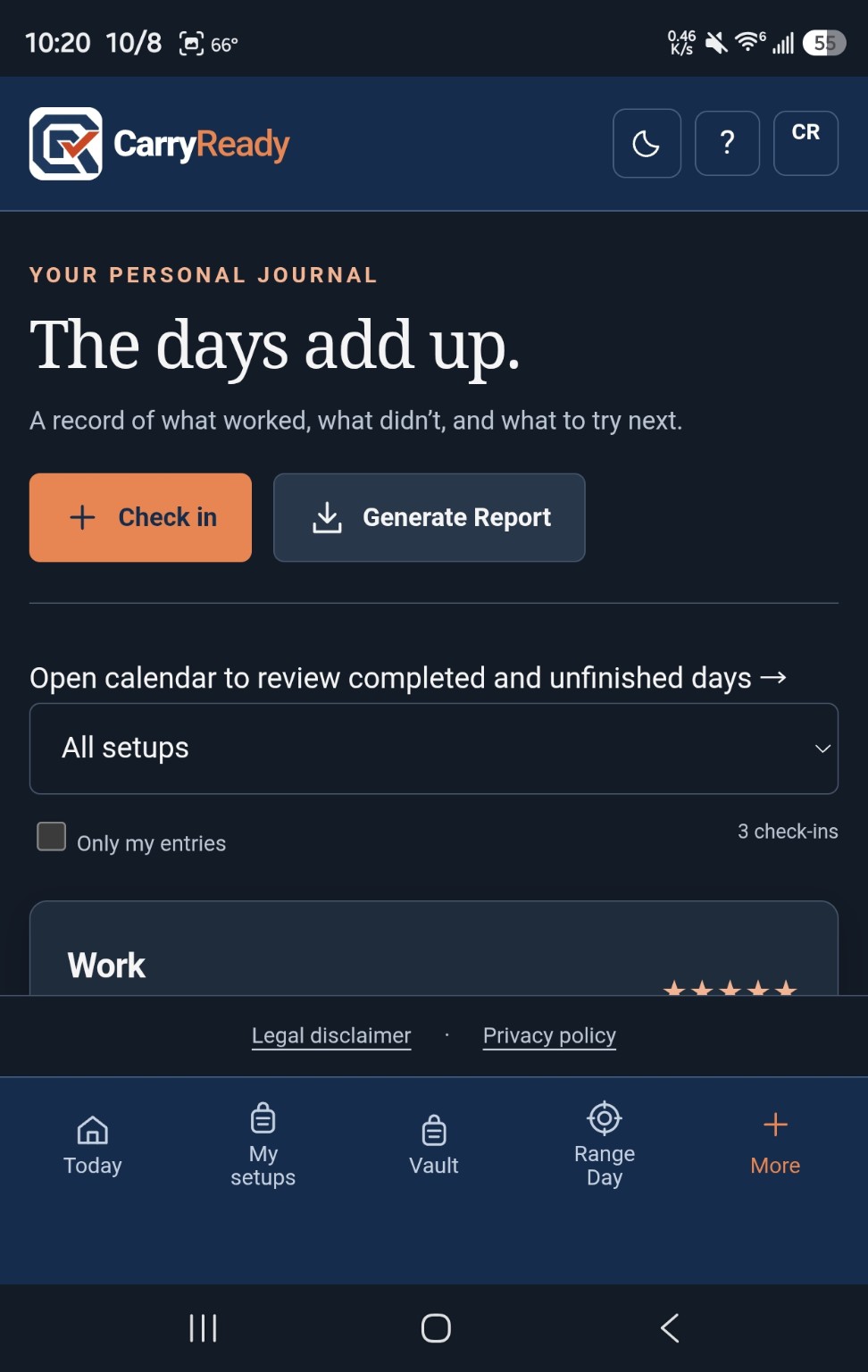 Personal journal History screen with setup filter, Only my entries checkbox and saved check-in list.