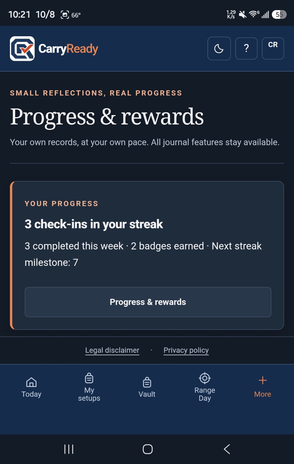 Progress and rewards screen showing a three-check-in streak, two earned badges and next milestone of seven.