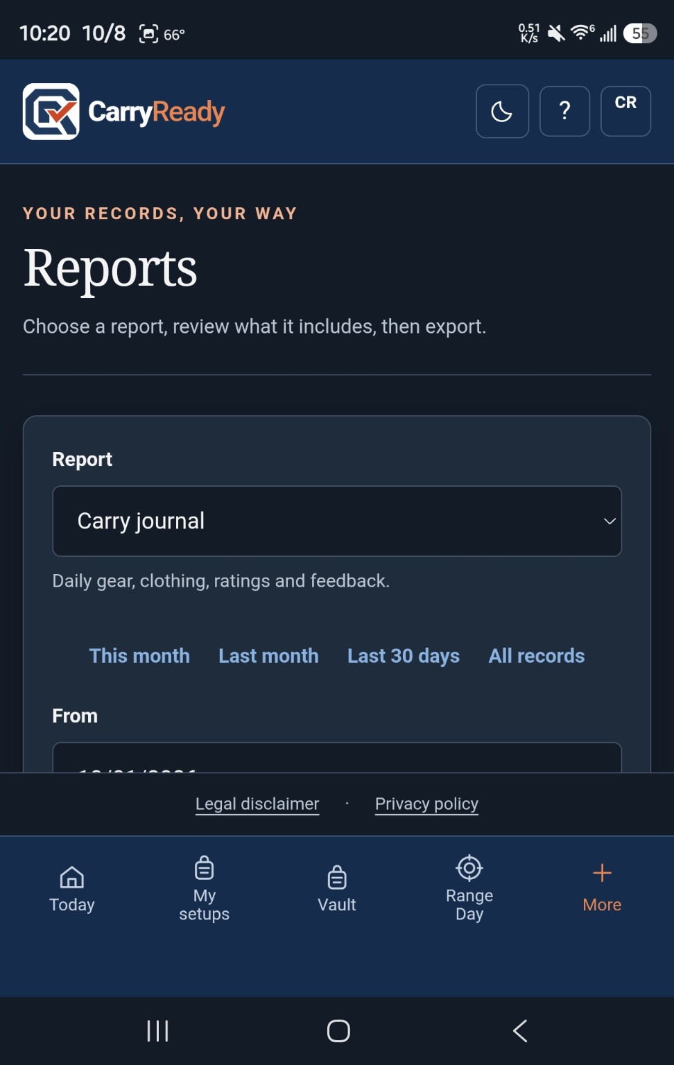 Reports screen with Carry journal selected and This month, Last month, Last 30 days and All records options.