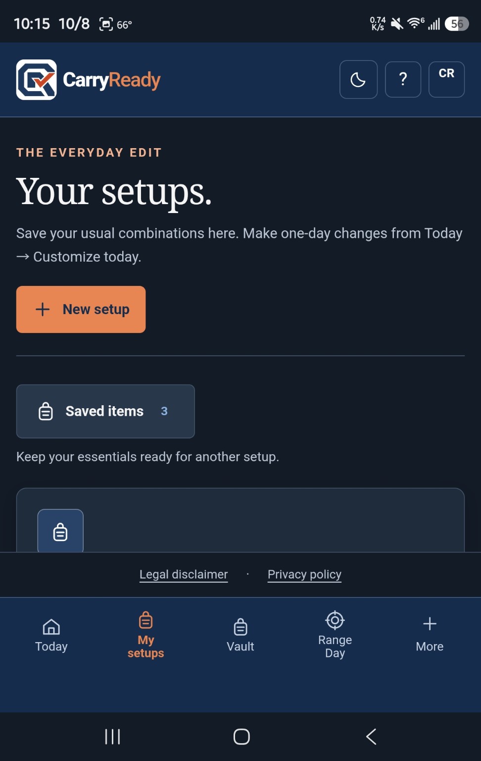 Your setups screen with New setup and Saved items controls.