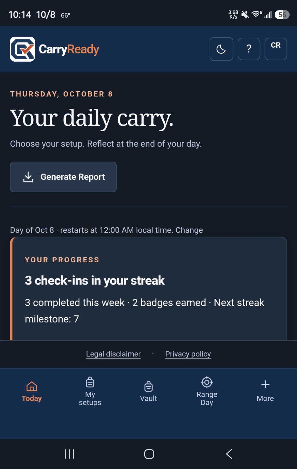 CarryReady Today screen in dark mode with daily carry heading and a three-check-in streak.